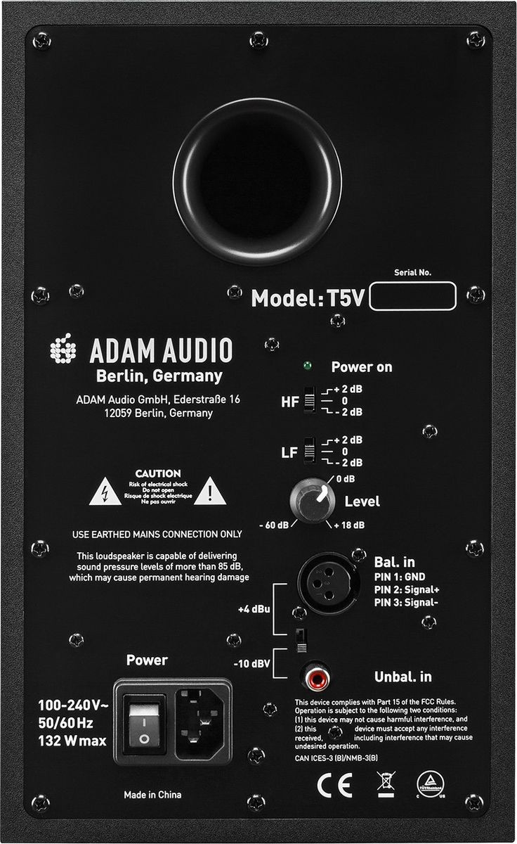 Adam Audio T5V : connectique Le monitor Adam Audio vu de l'arrière