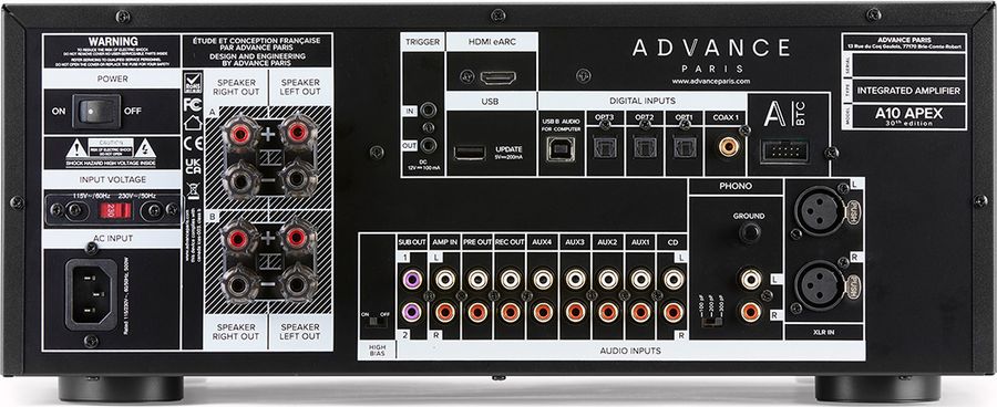 Ampli Advance Paris A10 Apex 30th Edition avec entrées RCA, XLR, HDMI eARC, DAC ESS et Bluetooth aptX.