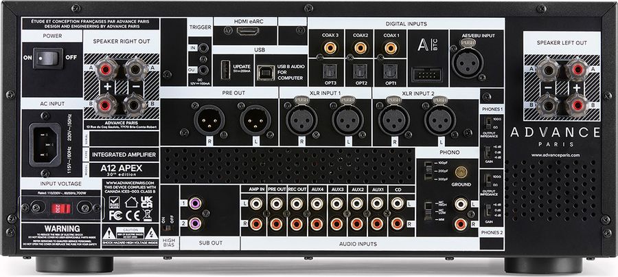 Ampli Advance Paris A12 Apex 30th – connectique complète avec RCA, XLR, phono MM/MC, HDMI eARC, USB et Bluetooth optionnel.