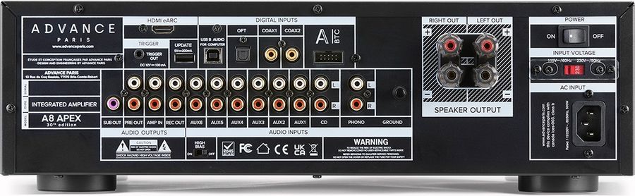 Amplificateur Advance Paris A8 Apex 30th Edition avec connectique HDMI eARC, USB, phono et Bluetooth optionnel.