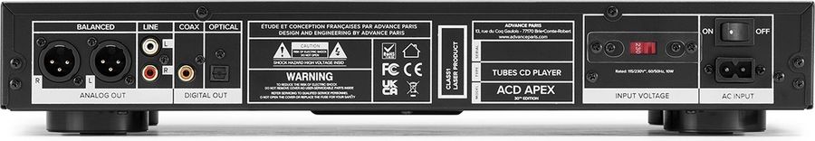 Lecteur CD Advance Paris ACD Apex 30th avec sorties RCA, XLR, numériques et port USB en façade.