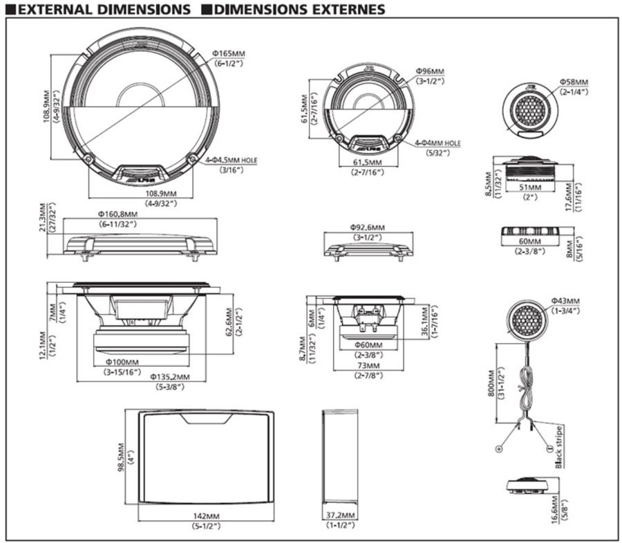 Schéma dimensions kit éclaté Alpine R2-S653