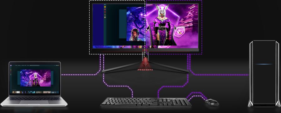 Le moniteur gamer AOC Agon Pro AG344UXM peut afficher plusieurs sources en m&ecirc;me temps ou passer de l'une &agrave; l'autre.