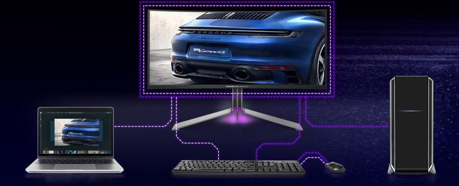 Écran ultrawide AOC Agon Pro PD34 avec KVM intégré pour contrôler plusieurs PC.