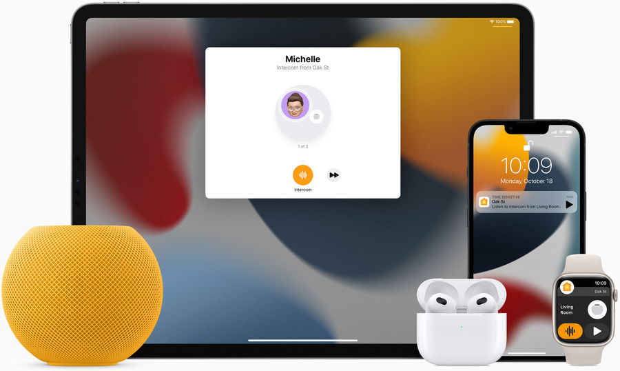 Enceinte Bluetooth Apple Homepod mini et écouteurs Bluetooth Apple Airpods Apple Homepod mini : mise en situation