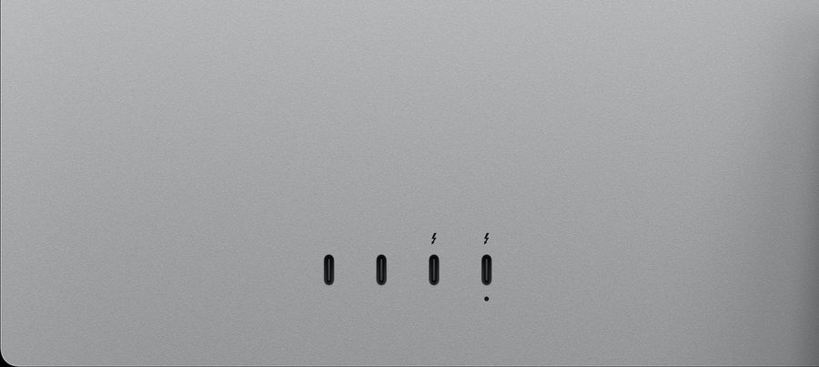 Connectique Apple Studio Display avec ports Thunderbolt 5 et USB-C pour bureau moderne