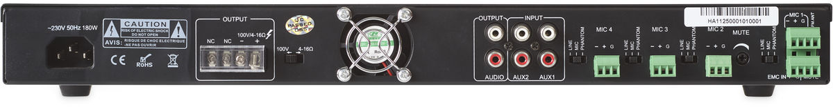 Vue de détail connectique ampli 100 volts Artsound MX-120M Vue de détail connectique ampli 100 volts Artsound MX-120M