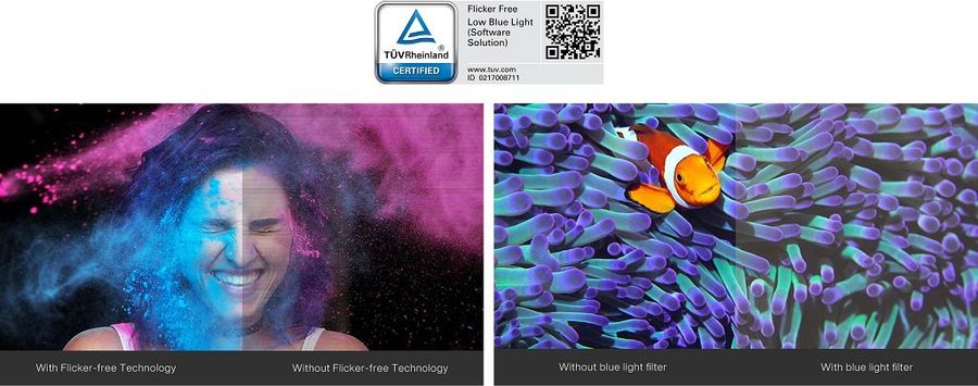 Idéal pour les longues sessions de travail, le moniteur professionnel Asus ProArt Display OLED PA27DCE-K élimine la lumière bleue et les scintillements.