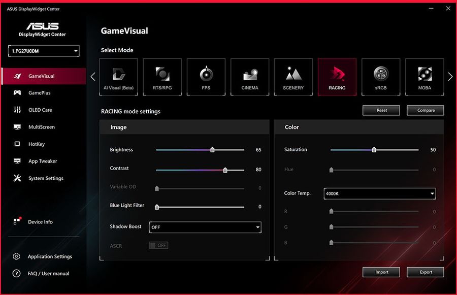 DisplayWidget Center permet de contrôler toutes les options du moniteur Asus ROG Swift OLED PG27UCDM.