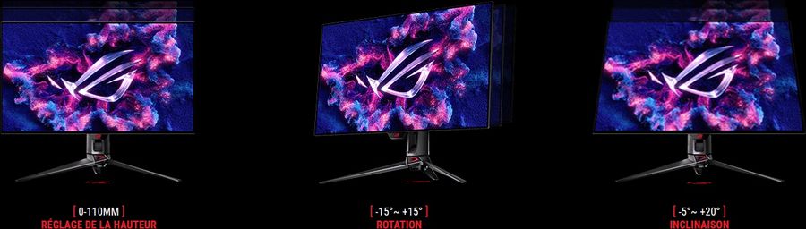 Les options de réglage du pied offrent la flexibilité nécessaire pour adapter l’écran Asus ROG Swift OLED PG32UCDP à n’importe quel setup gaming.