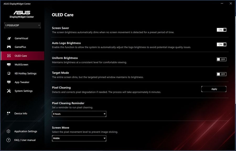 Le logiciel DisplayWidget Center permet de gérer l’ensemble des paramètres du moniteur Asus ROG Swift OLED PG32UCDP.