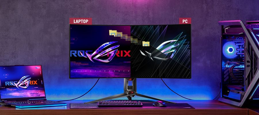 Le moniteur gamer Asus ROG Swift OLED PG34WCDM int&egrave;gre le Smart KVM qui permet la communication entre plusieurs ordinateurs.
