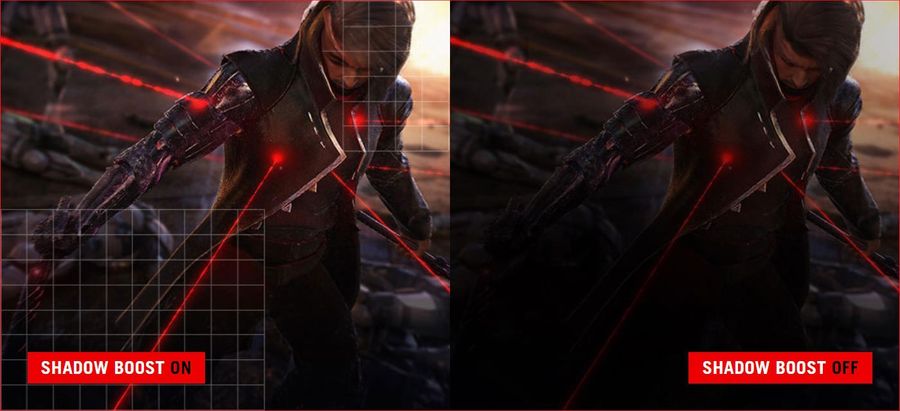 Int&eacute;gr&eacute; au moniteur de jeu Asus ROG Swift OLED PG34WCDM, Shadow Boost permet de mieux distinguer les d&eacute;tails dans les zones sombres.