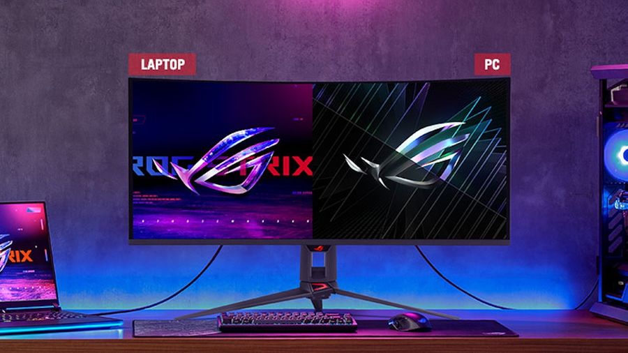 Moniteur Asus ROG Swift OLED PG34WCDN affichant les images d'un PC et d'un ordinateur portable