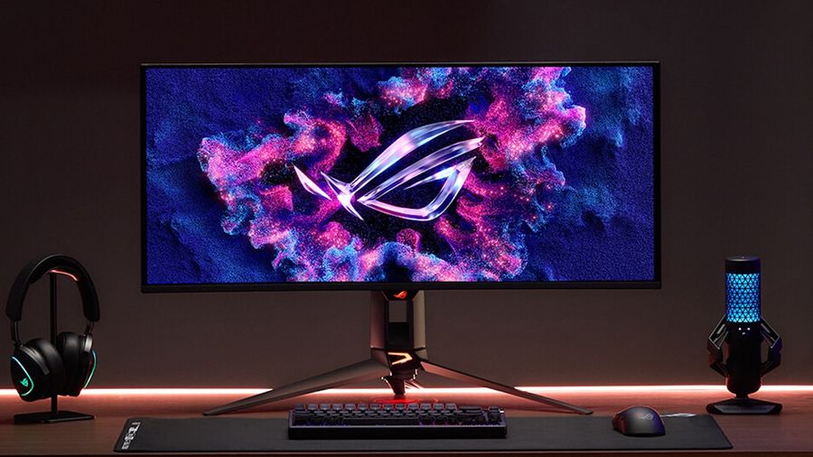 Moniteur gaming Asus ROG Swift OLED PG34WCDN de 34 pouces install&eacute; sur un bureau gaming
