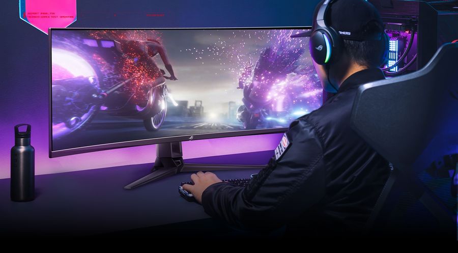 Idéal pour les jeux vidéo, l'écran ultra large Asus ROG Swift OLED PG49WCD peut atteindre 144 fps. L'écran ultra large Asus ROG Swift OLED PG49WCD peut atteindre 144 Hz, idéal pour les jeux vidéo.