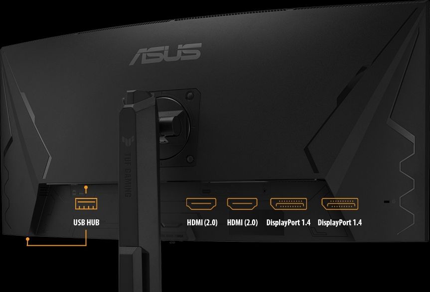 Le moniteur de jeu ultra large Asus TUF Gaming VG34VQL3A dispose de deux ports HDMI et deux DisplayPort pour y connecter n'importe quelle console nouvelle génération ou PC gamer.