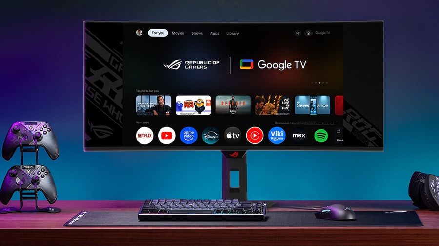 Moniteur Asus ROG Strix OLED XG34WCDMTG avec Google TV, streaming 4K, Wi-Fi 6 et cloud gaming int&eacute;gr&eacute;.
