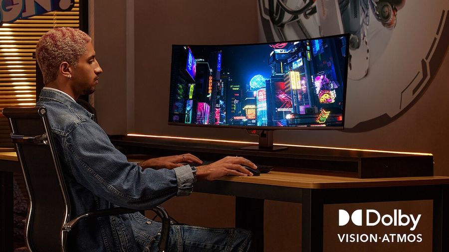 Moniteur Asus ROG Strix OLED XG34WCDMTG avec HDR Dolby Vision et son immersif Dolby Atmos pour une exp&eacute;rience cin&eacute;ma.