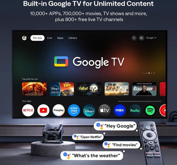 Projecteur Aurzen BOOM mini avec interface Google TV int&eacute;gr&eacute;e affich&eacute;e &agrave; l&rsquo;&eacute;cran pour acc&eacute;der aux applications de streaming.