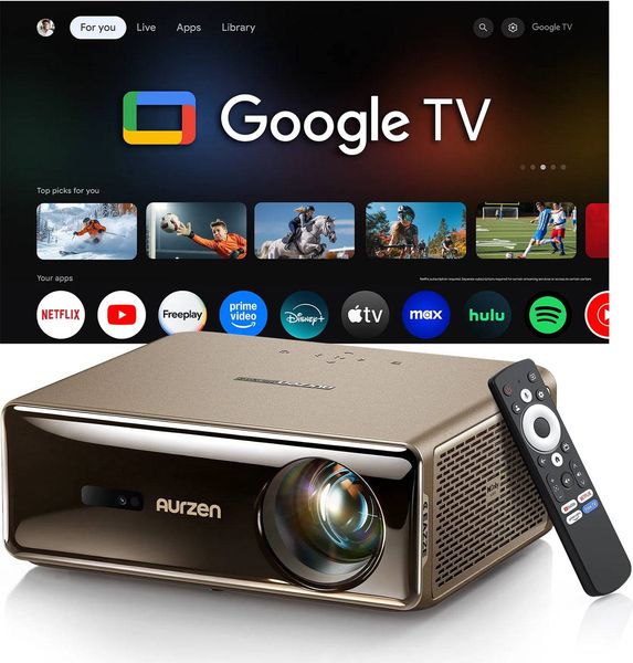 Aurzen EAZZE D1 Max avec sa t&eacute;l&eacute;commande sous une interface Google TV