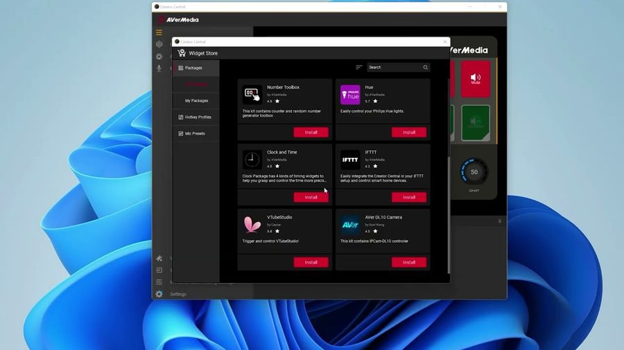 Le logiciel AVerMedia Creator Central de l'AVerMedia Live Streamer Nexus (AX310) permet de télécharger de nombreux widget pour personnaliser l'interface tactile.