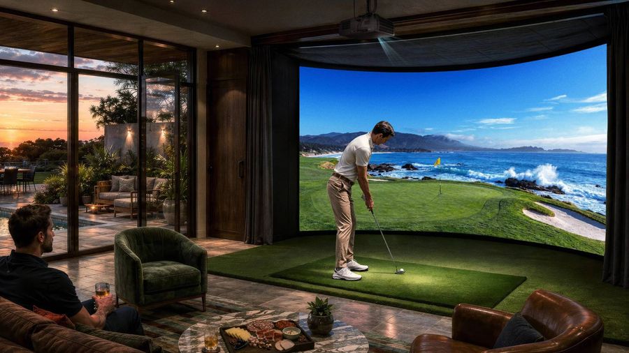 Vid&eacute;oprojecteur laser 4K BenQ AK900ST install&eacute; au plafond pour une simulation de golf sur grand &eacute;cran incurv&eacute;.