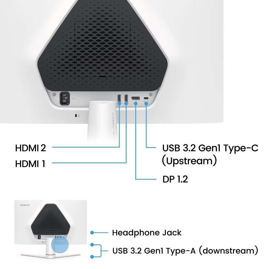 Connectique du BenQ Mobiuz EX251 avec deux ports HDMI 2.0, un DisplayPort 1.2 et un hub USB