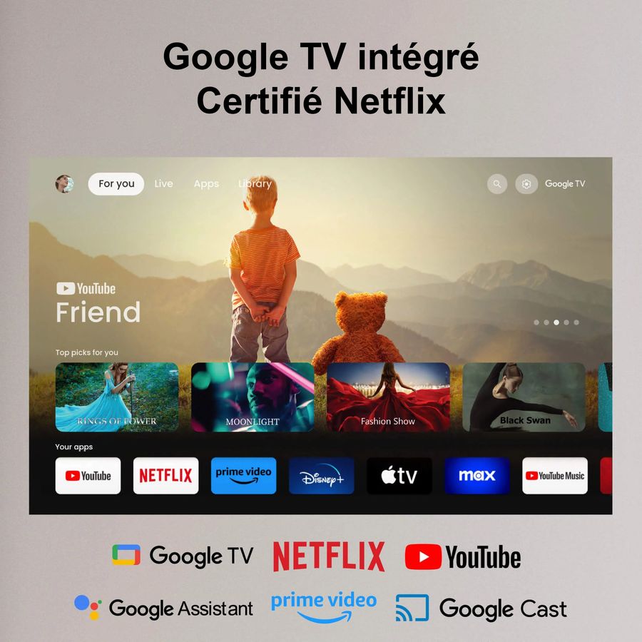 L'écran d'accueil de Google TV intégré, certifié Netflix, avec des recommandations de films et séries, incluant des applications comme YouTube, Netflix, Prime Video, et Disney+, affiché sur le projecteur BenQ GP520.