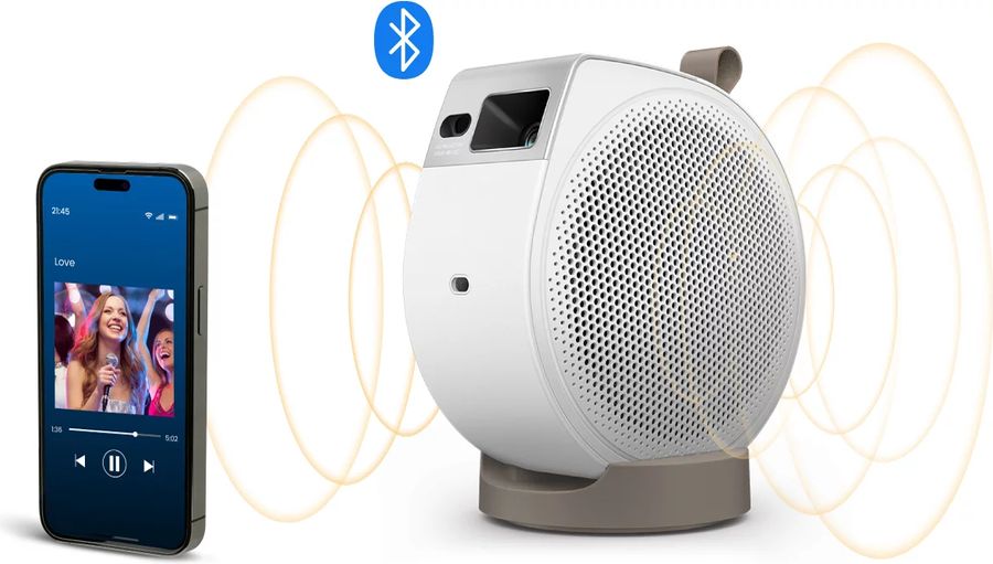 BenQ GV32 en enceinte Bluetooth Projecteur portable BenQ GV32 utilisé en mode enceinte Bluetooth, connecté sans fil à un smartphone diffusant de la musique.