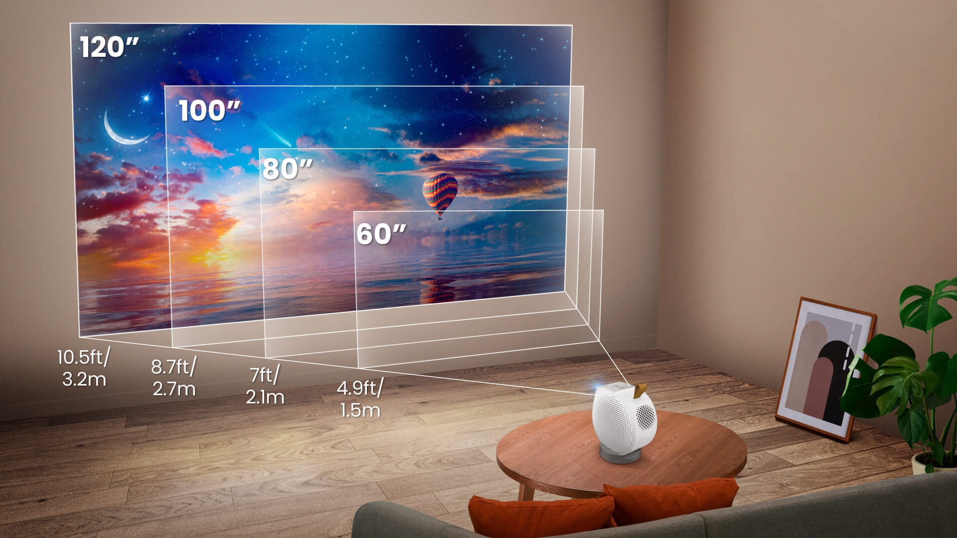 Le vidéoprojecteur BenQ GV50 projette une image Full HD jusqu'à 120 pouces avec différentes distances de projection.