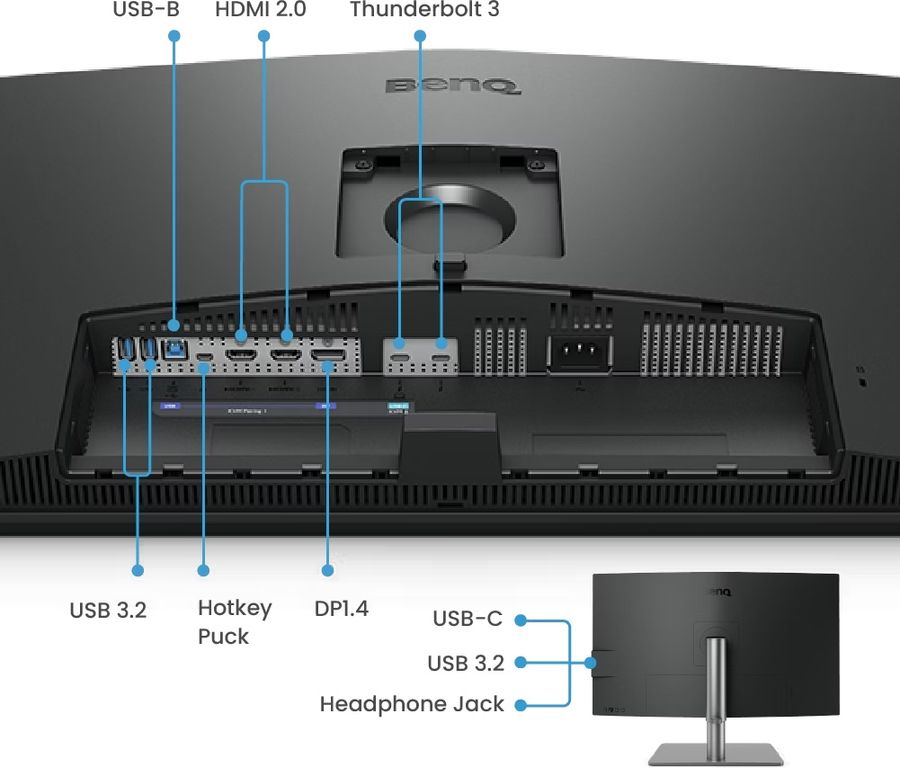 Connectique du moniteur BenQ DesignVue PD3225U avec ports HDMI 2.0, DisplayPort 1.4, Thunderbolt 3 et hub USB int&eacute;gr&eacute;.