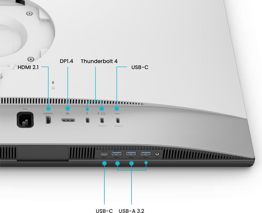 Connectique du moniteur BenQ DesignVue PD3226G avec ports Thunderbolt 4, HDMI 2.1, DisplayPort 1.4, USB-C et KVM int&eacute;gr&eacute;.