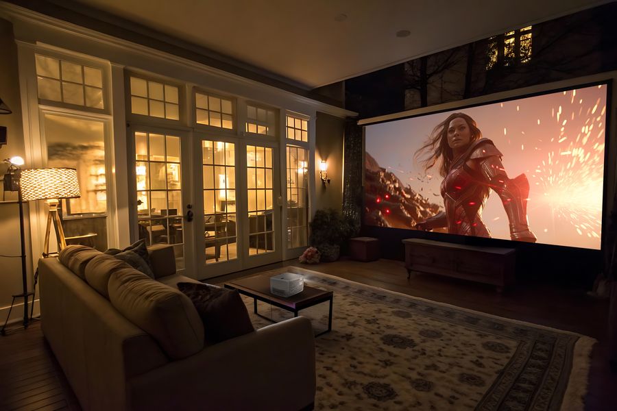 Un salon en soirée équipé du vidéoprojecteur 4K LED BenQ TK705i projetant un film de science-fiction sur grand écran.