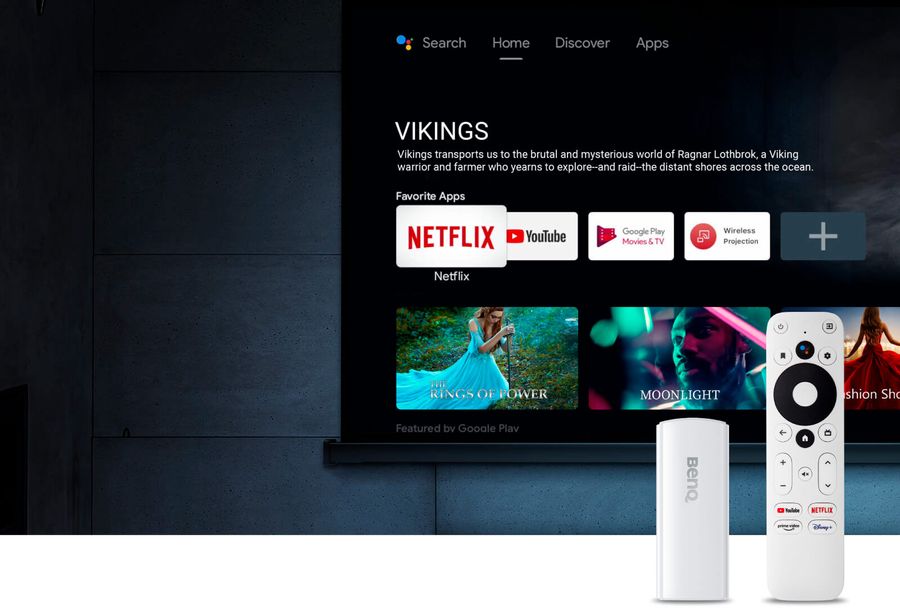 Vidéoprojecteur BenQ W2720i streaming Vidéoprojecteur BenQ W2720i avec interface utilisateur de streaming et télécommande avec accès direct aux applications