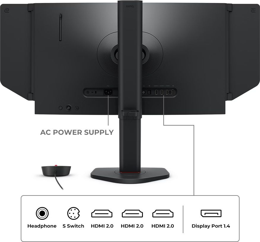 Connectique de l'&eacute;cran eSport BenQ Zowie XL2566X+ avec DisplayPort 1.4 et trois HDMI 2.0.