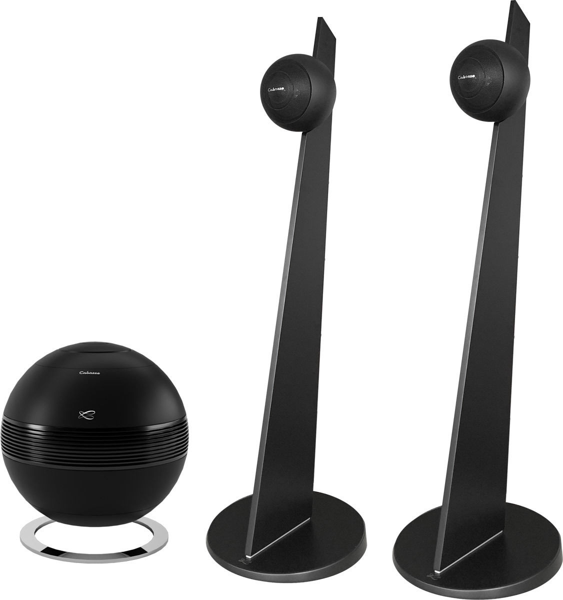 Mini chaînes hi-fi Cabasse Pearl Sub noir mat + iO3 Noir mat sur pied noir et socle noir (la paire)