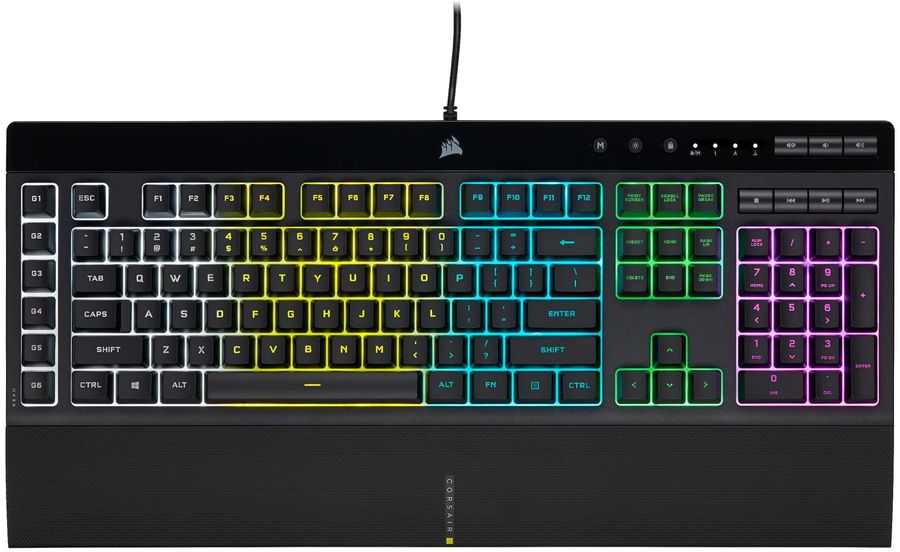 Clavier&nbsp;gaming Corsair K55 RGB PRO : vue dessus, &eacute;clairage actif