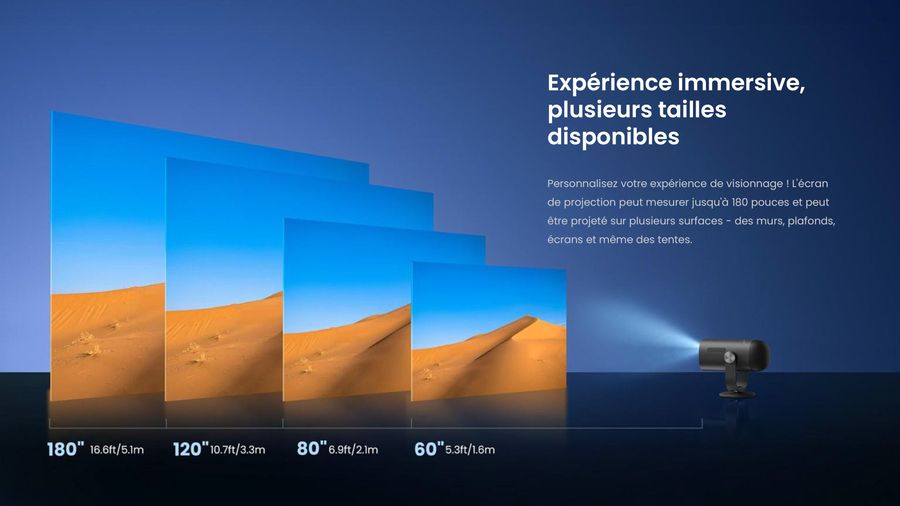  Le projecteur nomade Dangbei Freedo affiche des images en différentes tailles, allant jusqu'à 180 pouces.