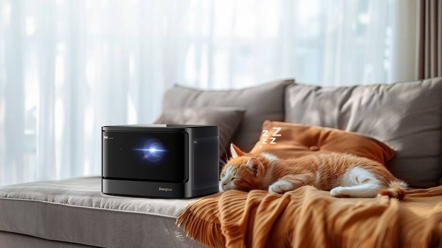 Un vidéoprojecteur laser 4K Dangbei Mars Pro 2 noir est posé sur un canapé près d'un chat endormi.