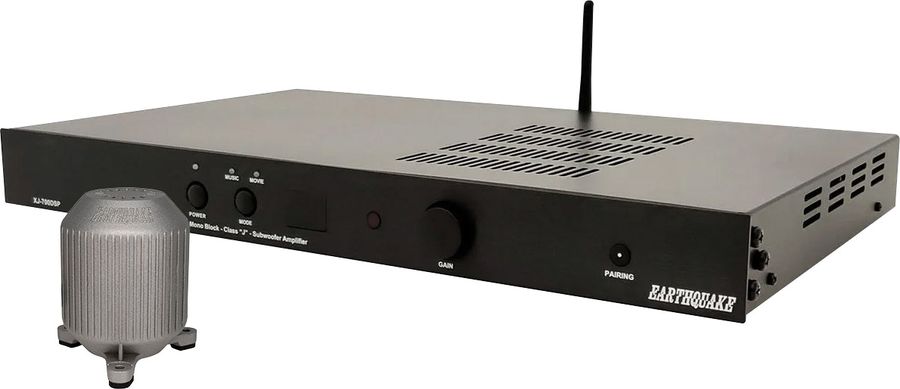 L'amplificateur Earthquake XJ-700-DSP associé au vibreur MQB-1 MiniQuake permet de mettre en œuvre un vibreur home-cinéma simplement.