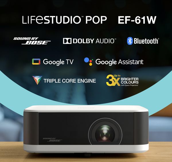 Projecteur compact Epson EF-61W Full HD, équipé du son Bose, de Google TV et d'une connectivité Bluetooth.