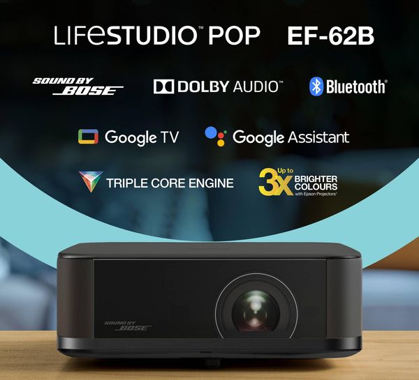 Projecteur compact Epson EF-62B UHD 4K avec son Bose, Google TV, Dolby Audio et connectivité Bluetooth intégrés.