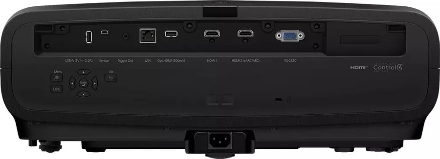 Connectique étendue du vidéoprojecteur Epson EH-LS9000 avec HDMI eARC, Ethernet et ports USB.