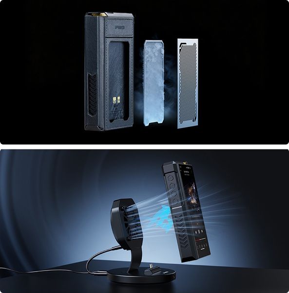 Support DK1 Plus avec étui en cuir assurant le refroidissement efficace du FiiO M27 sur un bureau.