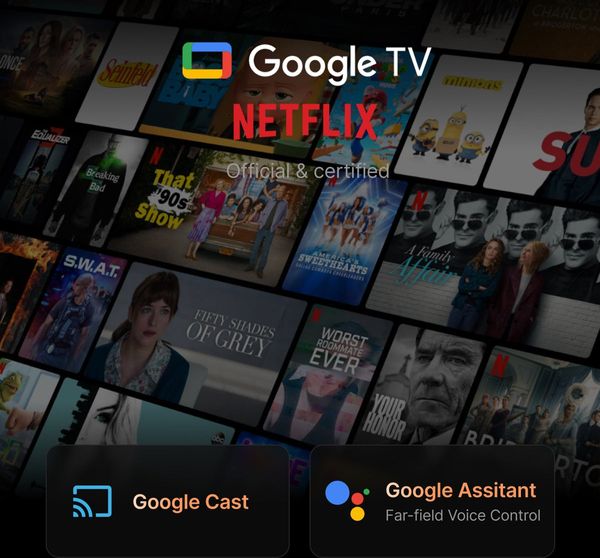 Interface Google TV et Netflix avec Google Cast et Google Assistant sur le vidéoprojecteur Formovie Theater Premium.