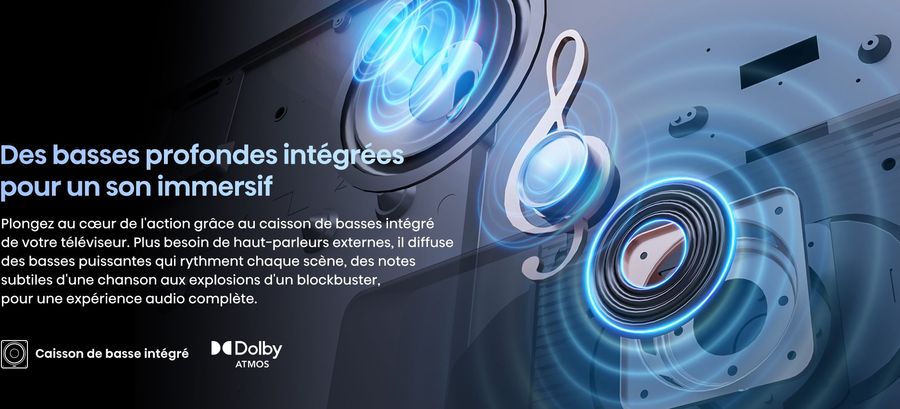 La smart TV Hisense 75E7NQ Pro permet de profiter d'un son spatialisé grâce au Dolby Atmos. 