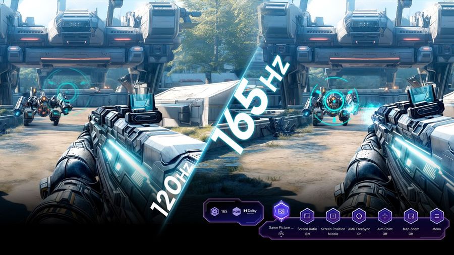 Mode gaming 165 Hz Hisense 100UXQ Téléviseur RGB Mini LED Hisense 100UXQ affichant une scène de jeu vidéo en comparaison entre 120 Hz et 165 Hz.