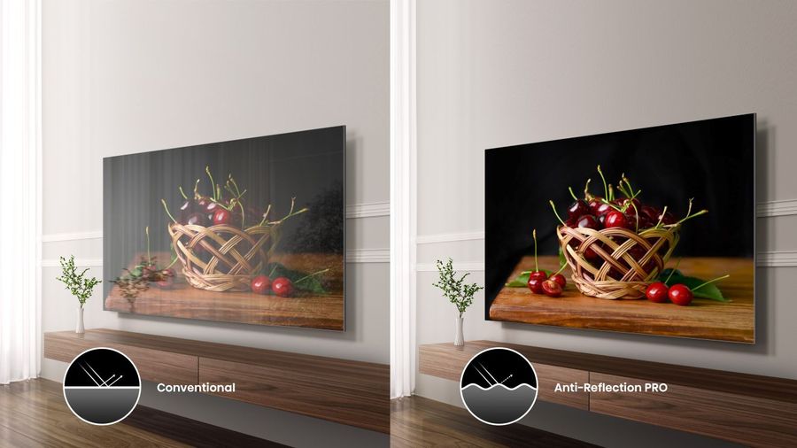 Écran anti-reflets Hisense 100UXQ Téléviseur RGB Mini LED Hisense 100UXQ comparant l'affichage avec un écran classique et la technologie Anti-Reflection PRO.