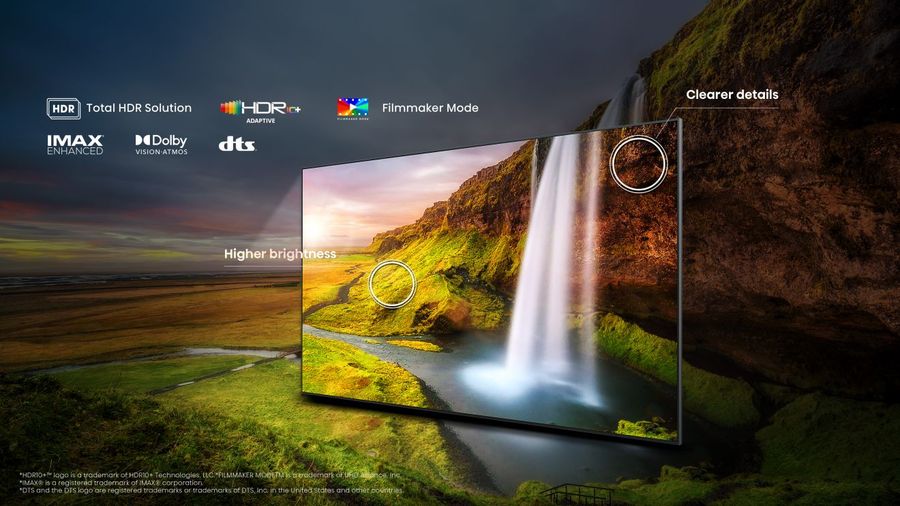 Affichage HDR Hisense 100UXQ Téléviseur RGB Mini LED Hisense 100UXQ illustrant les bénéfices du HDR avec une image plus lumineuse et plus détaillée.